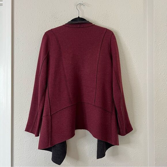 Eileen Fisher Burgundy Structured Moto Long Jacket Cardigan Medium Merino Wool - Picture 9 of 11